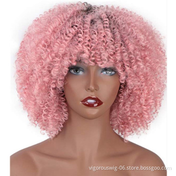 Vigorous Best Selling Wholesale Cheap Price Short Kinky Curly Fluffy Ombre Pink With Bangs For Black Women Synthetic Hair Wigs